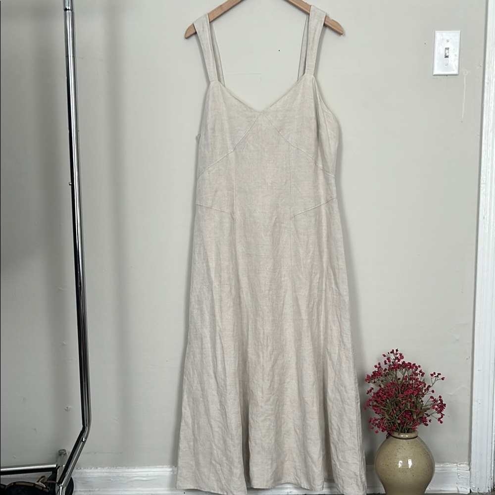 Loft Linen Blend Seamed V-Neck Midi Dress
